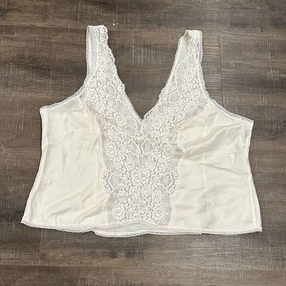 Vintage '60s Olga Lace Trim V Neck Pink Satin Floral Camisole Tank Top Slip 38 - Picture 1 of 5